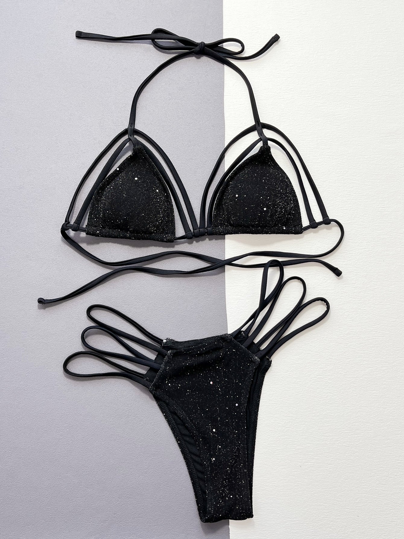 Glitter Halter Neck Strappy Two-Piece Bikini Set Swim